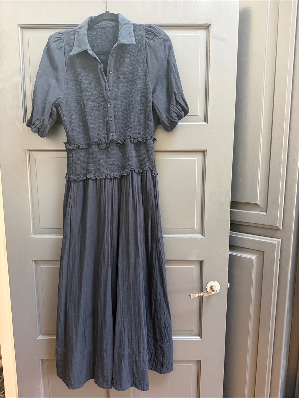 ME+EM Navy Smocked Cotton Puff Sleeve Ruffle Cheesecloth Shirred Maxi Dress 8